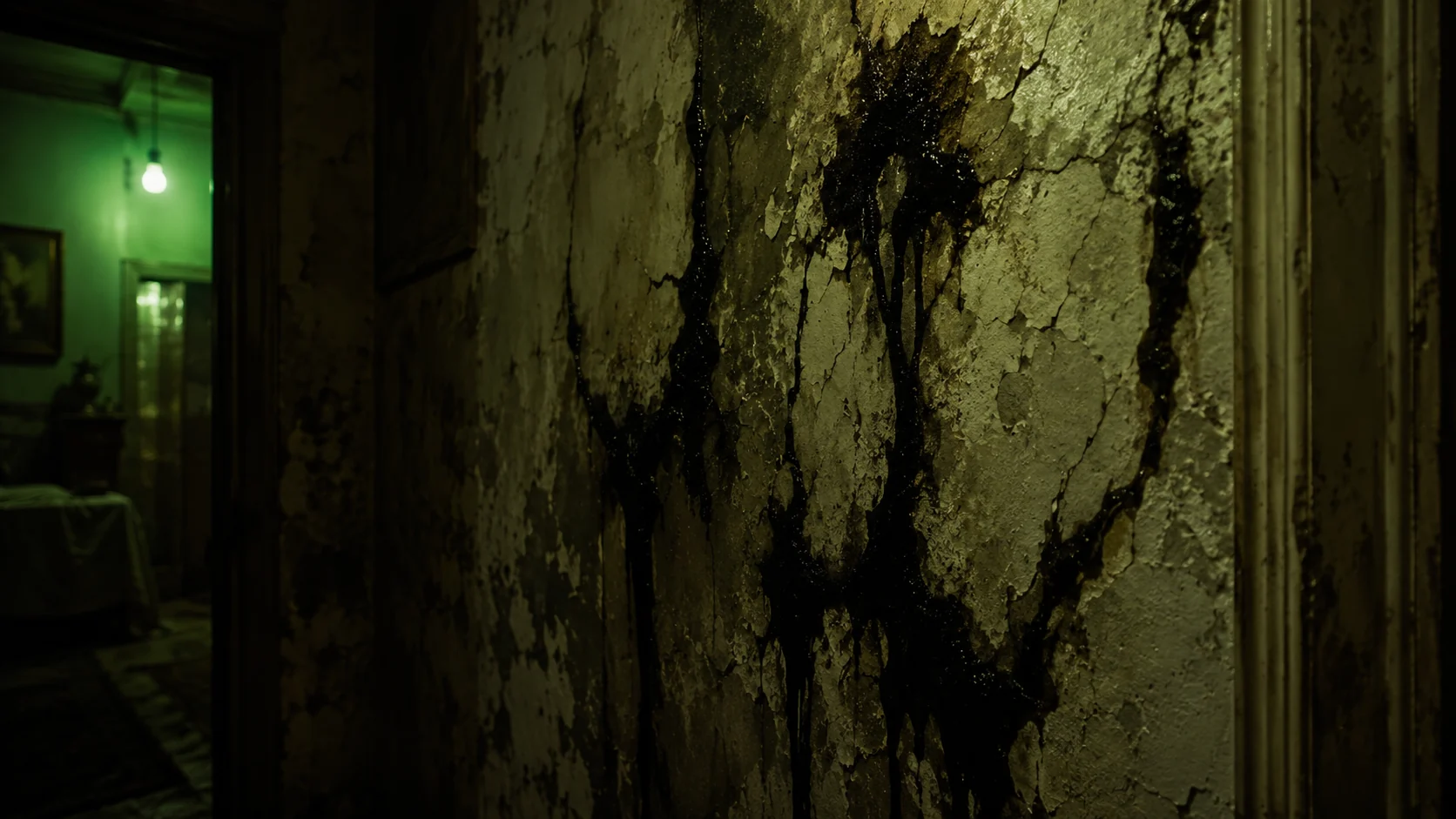 Dark organic marks spreading across a decaying wall